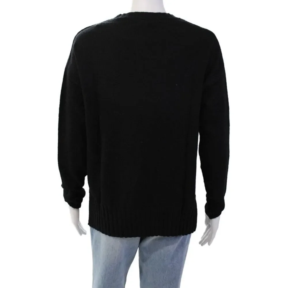 Renuar Womens Front Pockets Crew Neck Pullover Sweater Top Black Size XS